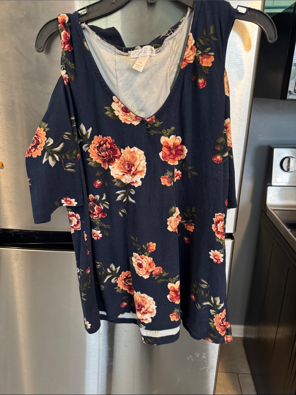 Justice Navy Floral Cold-Shoulder Tunic with Peach and Coral Roses
